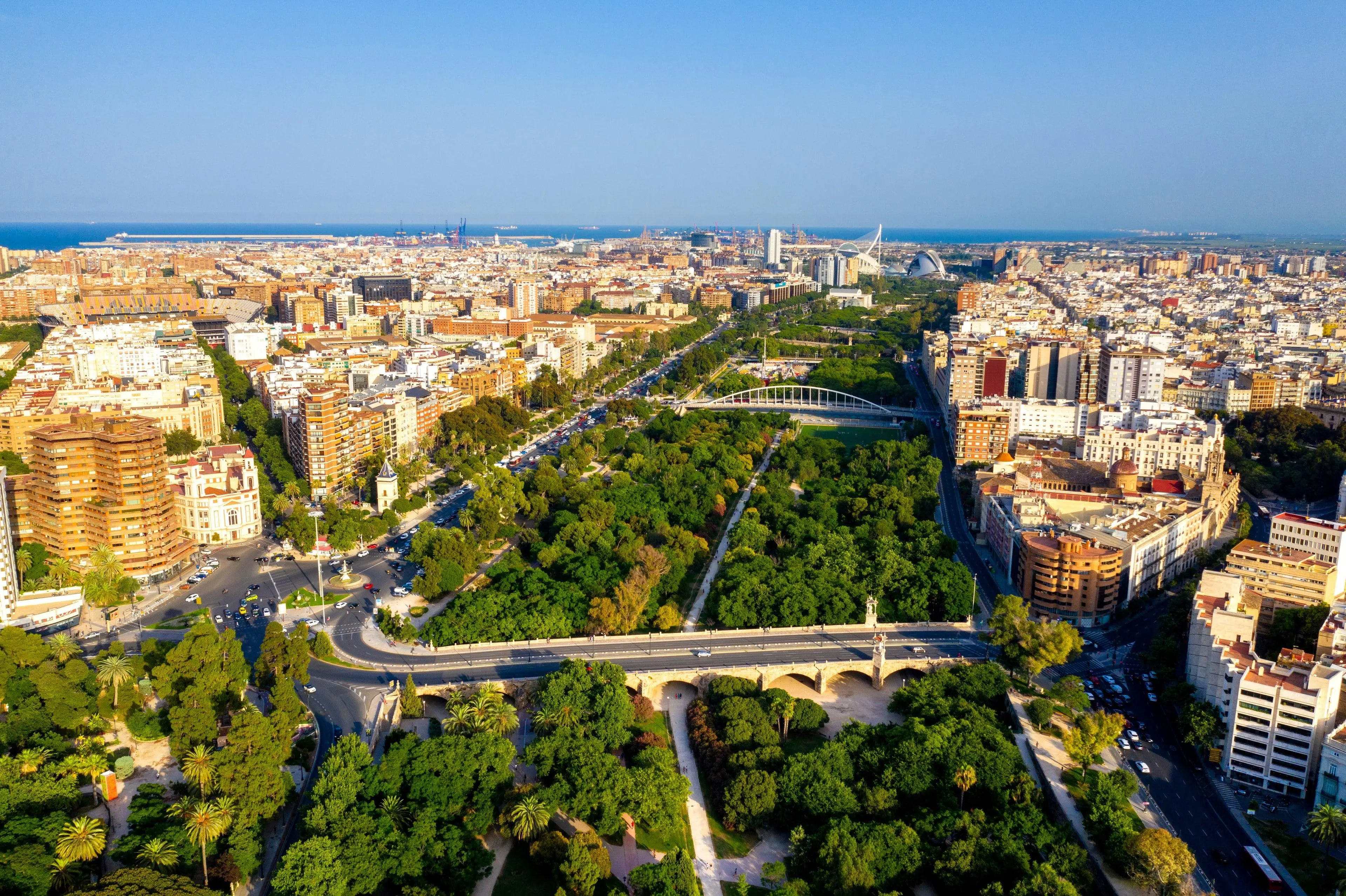 Aerial view of Valencia's Turia Gardens winding through the city
