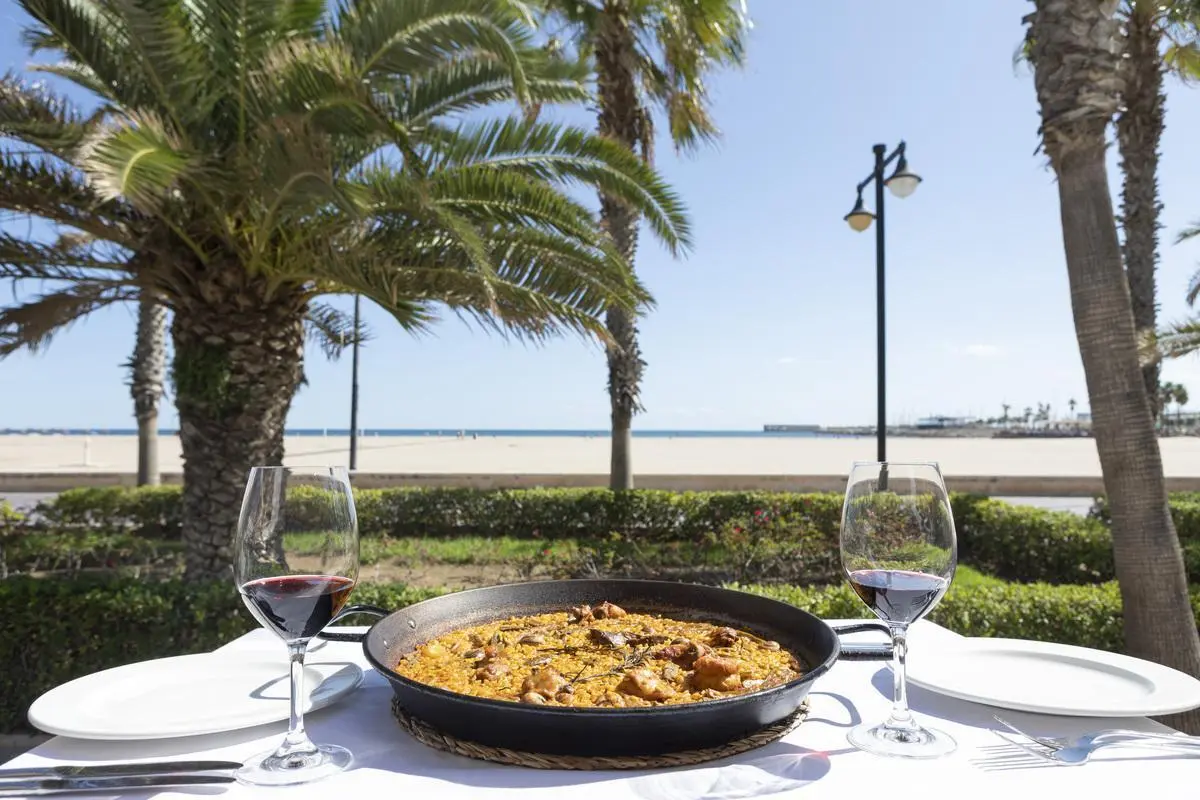 Paella served near the beach in Valencia